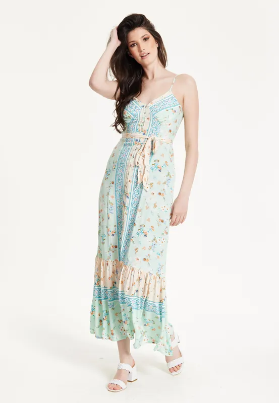 Mint Boho Floral Tie Front Maxi Dress - Liquorish