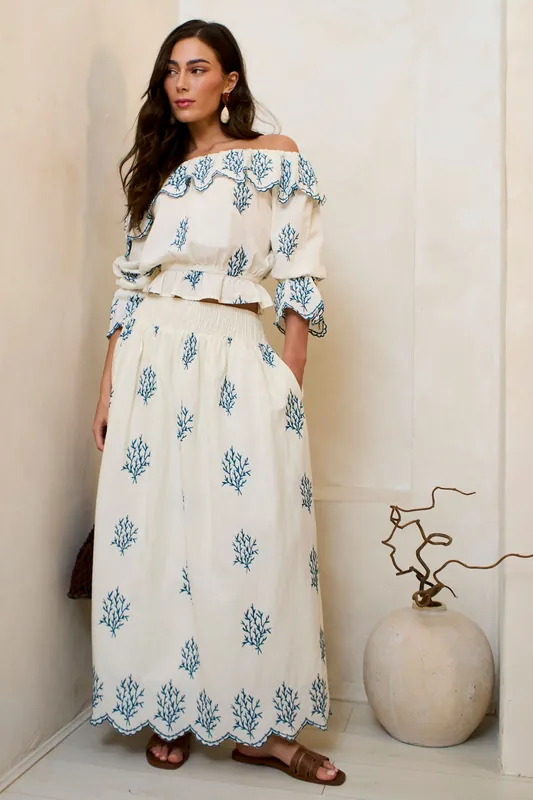 Marshmallow Cotton Embroidered Skater Maxi Skirt - Gini London