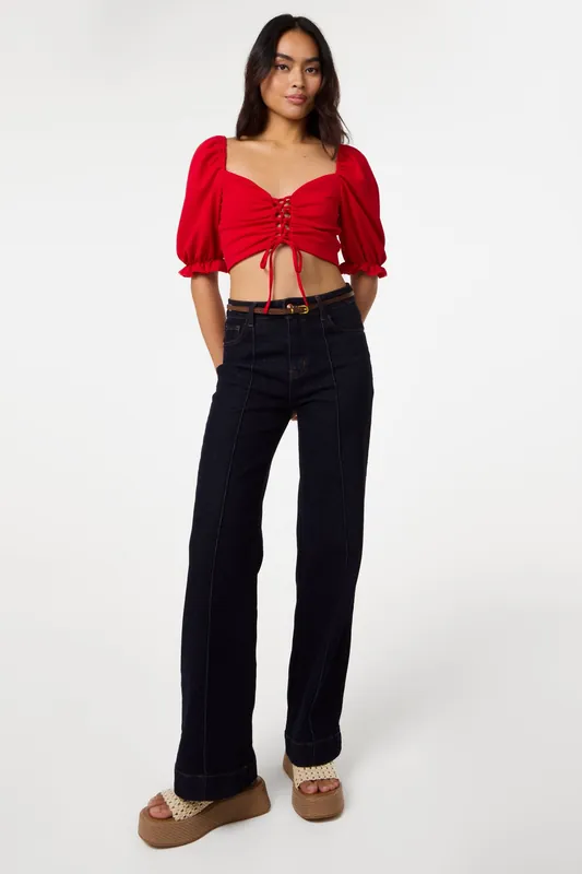 Red Puff Sleeve Criss Cross Detail Top - Pink Vanilla