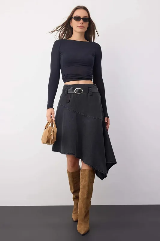 Belted Asymmetrical Midi Denim Skirt - WOVCOR