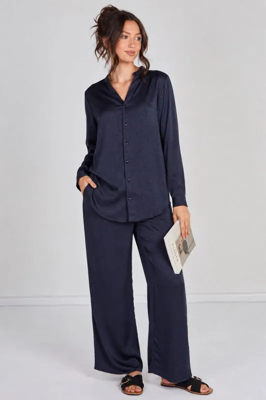Navy Satin Shirt and Wide Leg Trousers Co-Ord Set
