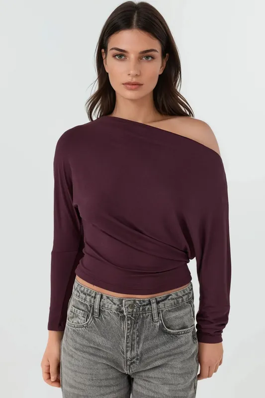 Asymmetrical Collar Long Sleeve Elastic Knit T-Shirt