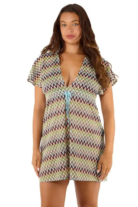 Kalahari Khaki Zig Zag Crochet 'Beach Kaftan' - Wolf & Whistle