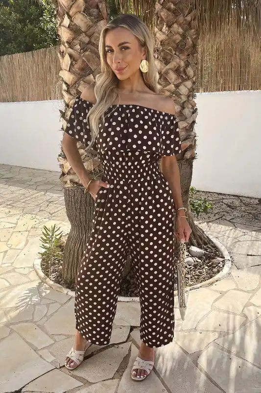 Chocolate Polka Dot Bardot Frill Culotte Jumpsuit - AX Paris