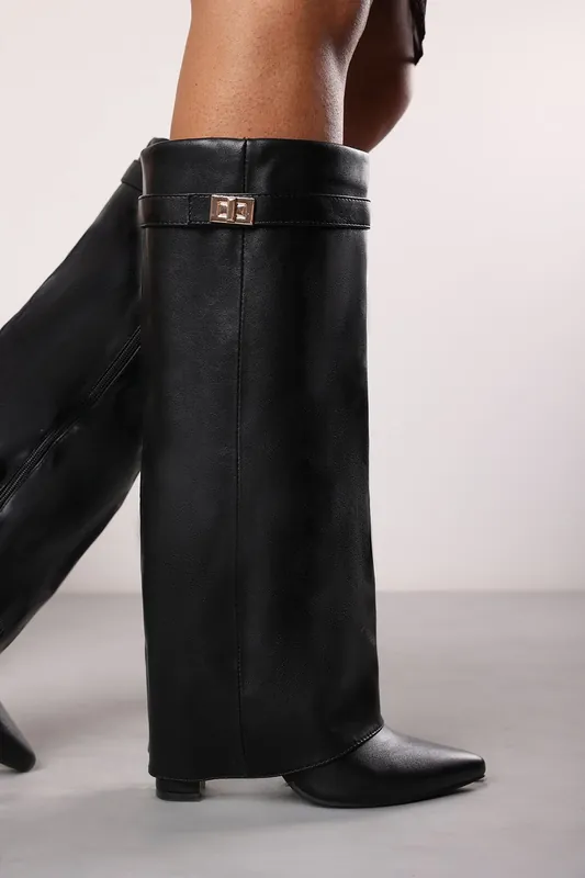 Keira Fold Over Shark Block Heel Point Toe Boots - Where's That From