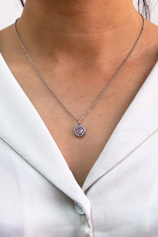 Pink Crystal Heart Pendant Necklace in Silver - Gift Boxed