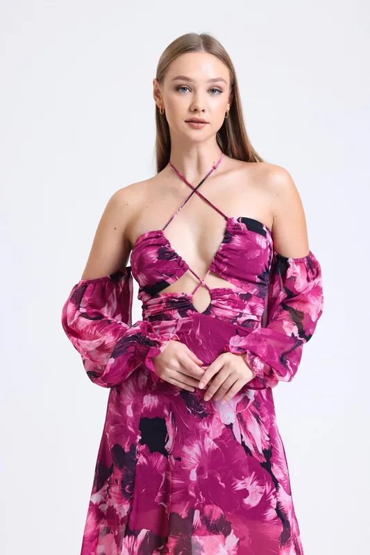Plunge Neck Low Sleeve Maxi Dress with a Bust Cut Out - Hiccup
