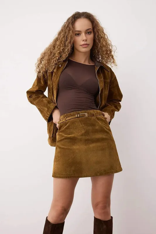Belted Faux Suede A-Line Mini Skirt