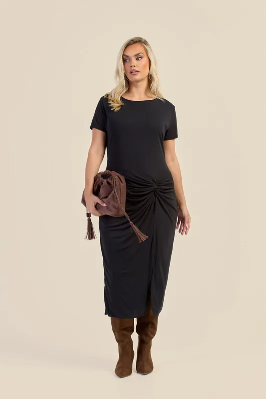Curve Textured Knit Knotted Front Midi Dress - FASHION-SZN