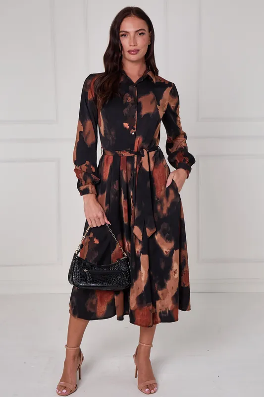 Brown Abstract Print Midi Shirt Dress - Love Sunshine