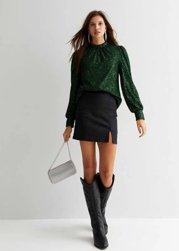 Green Sequin High Neck Loosefit Blouse - Gini London