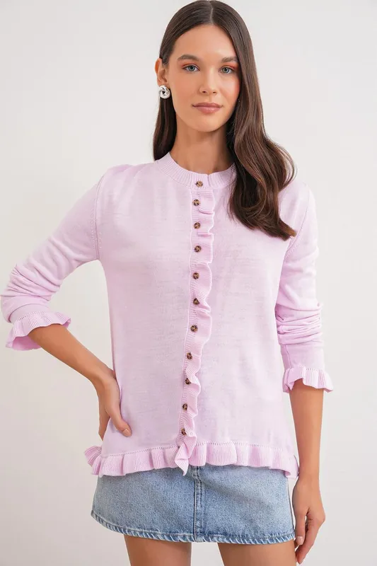 Frilly Ribbed Knit Cardigan - MixRay