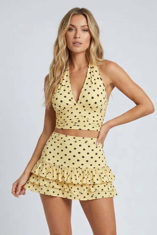 Polka Dot Halter Neck Crop Top and Frill Skorts Co-ord