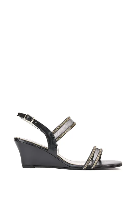 Lacey' Strappy Diamante Mesh Square Toe Mid Heel Wedge Sandals - XY London