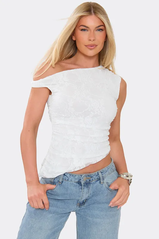 Short Sleeve Off The Shoulder Asymmetric Hem Lace Top - EGO