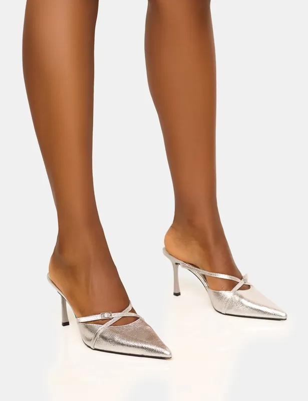 Casanova Cracked Silver Buckle Detail Pointed Toe Mid Heel Mules - Public Desire