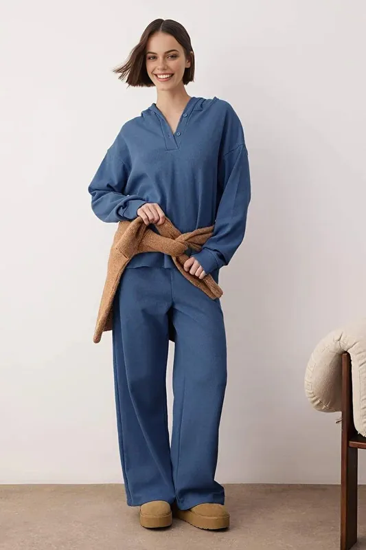 Hooded Button Placket Cotton Waffle Knit Wide Leg Loungewear Set - WOVCOR