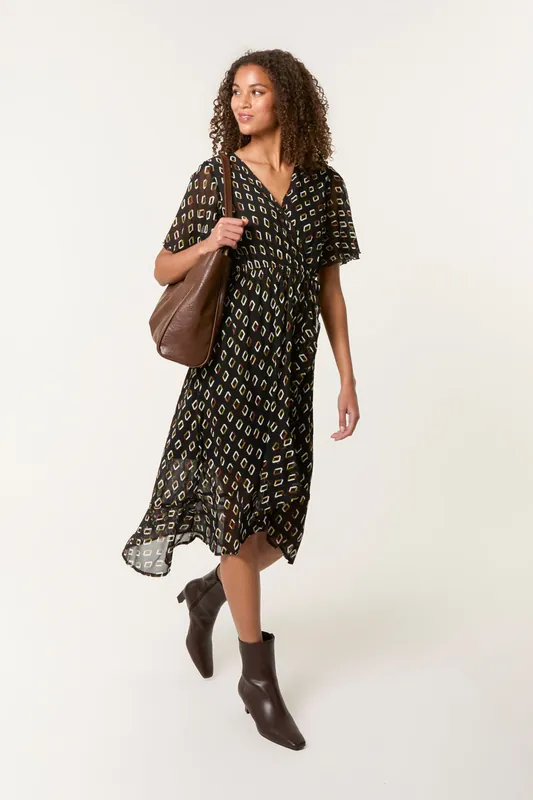 Black Geometric Mesh Ruffle Wrap Dress - Blue Vanilla