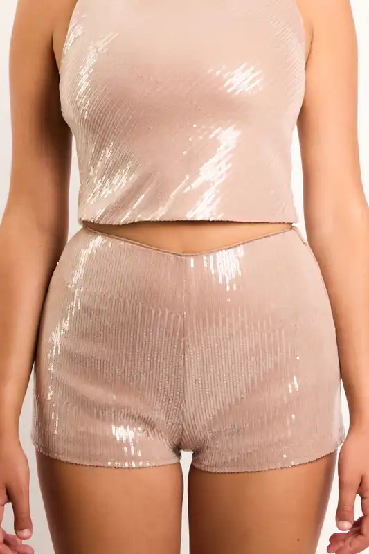 Victor Nude Liquid Sequin Mini Shorts - Jaded Rose