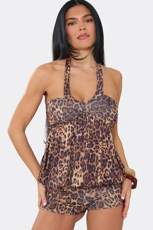Blouson Style Strappy Halter Neck Leopard Print Playsuit - EGO