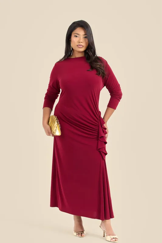 Plus Size Ruffle Side Burgundy Midi Dress - FASHION-SZN