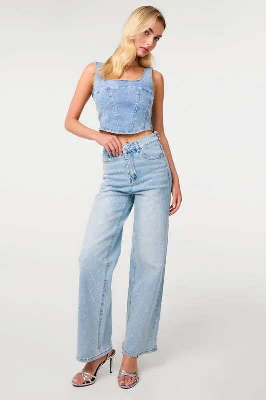 Light Blue Studded Diamond Jeans - Pink Vanilla