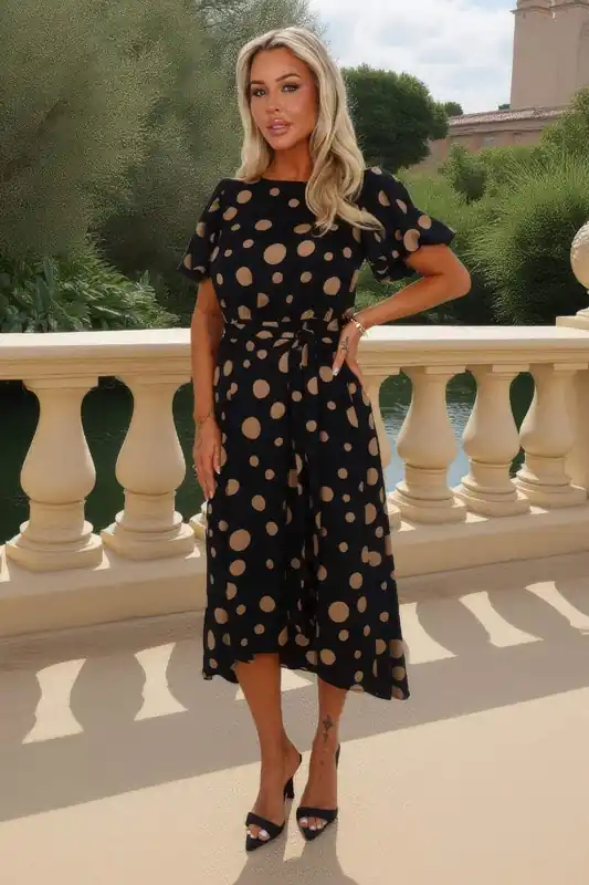 Black And Stone Polka Dot Puff Sleeve Tie Waist Midi Dress - AX Paris