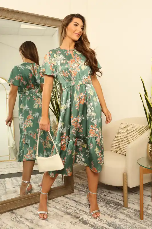 Floral Printed Satin Dress - DOUBLE SECOND