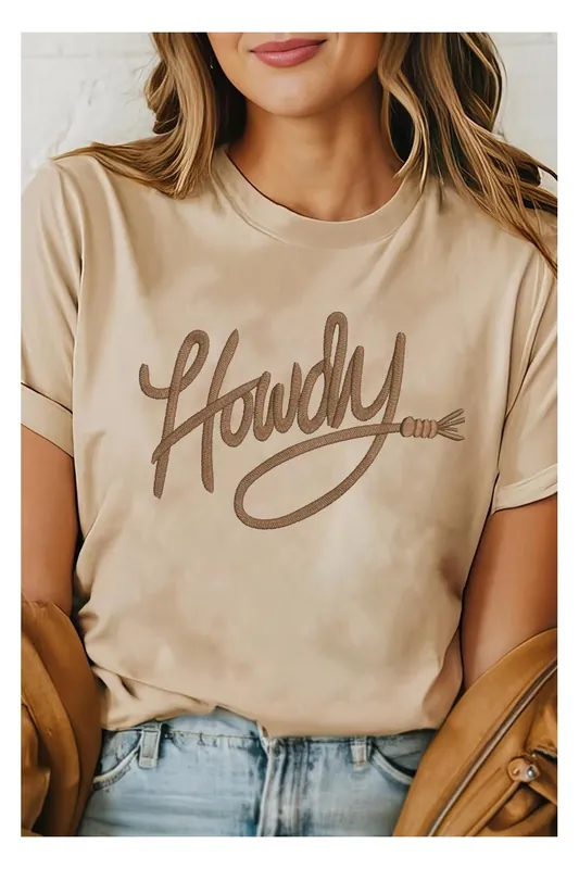 Khaki Howdy Embroidered Graphic Western Tee - Everyday The Label