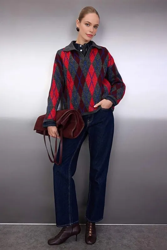 Patterned Polo Collar Knitted Jumper - WOVCOR