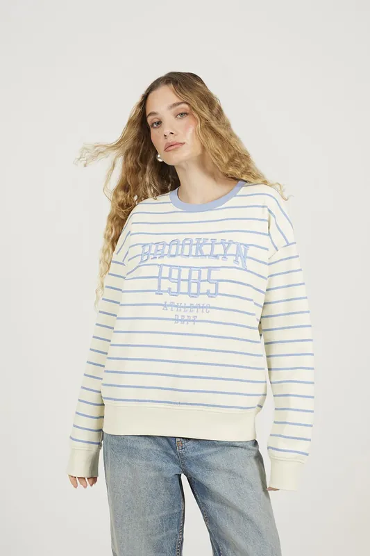 Stripe Embroidered Crew Neck Sweatshirt - Brave Soul