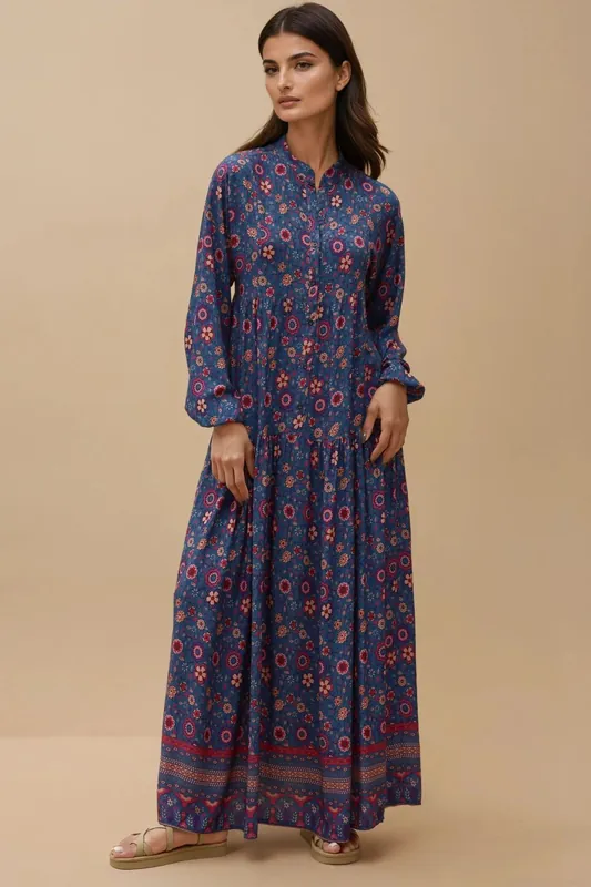 Printed V-Neck Maxi Dress with Buttons