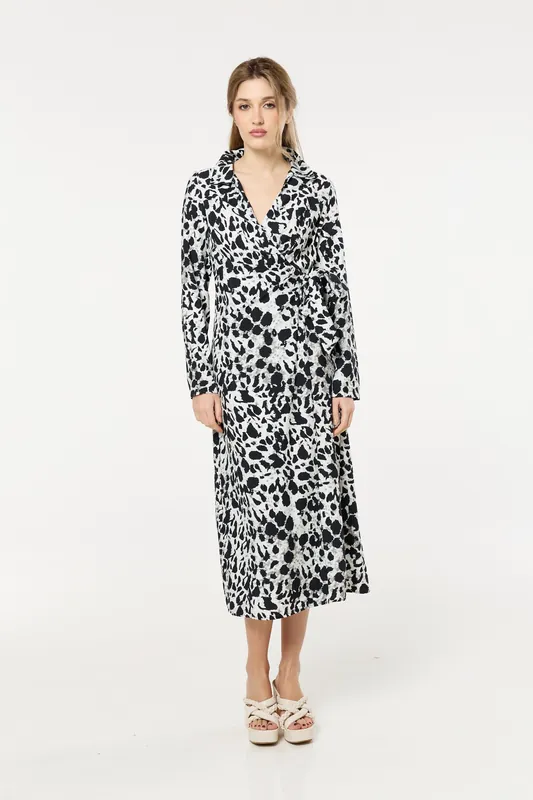 Black Leopard Wrap Midi Dress - Liquorish