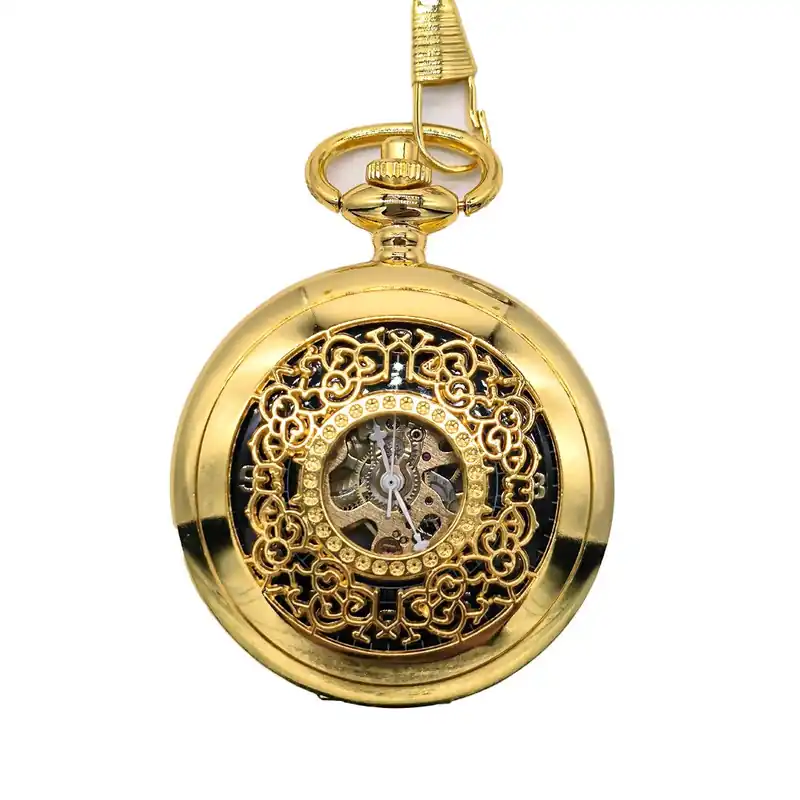 Antique Brass Alloy Skeleton Half Hunter Pocket Watch - Infinity Leather