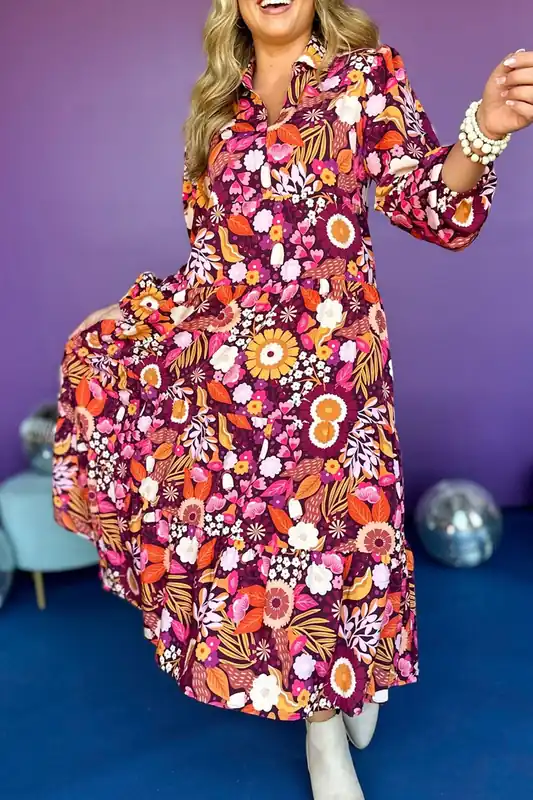 Purple Collared Tiered Flowy Long Dress - Everyday The Label