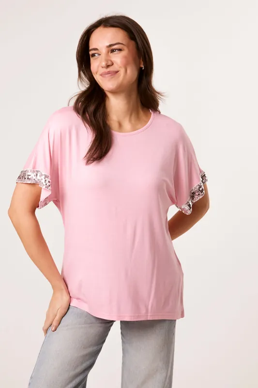 Pink Sequin Trim Oversized Top - Blue Vanilla