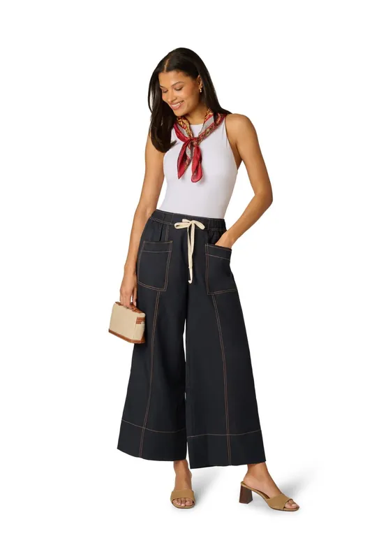 Drawstring Tie Contrast Stitch Detail Wide Leg Pull On Trousers - Adrianna Papell