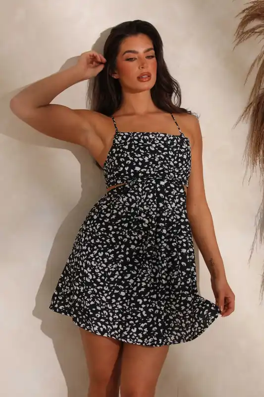 Strappy Floaty Print Mini Dress - Femme Luxe