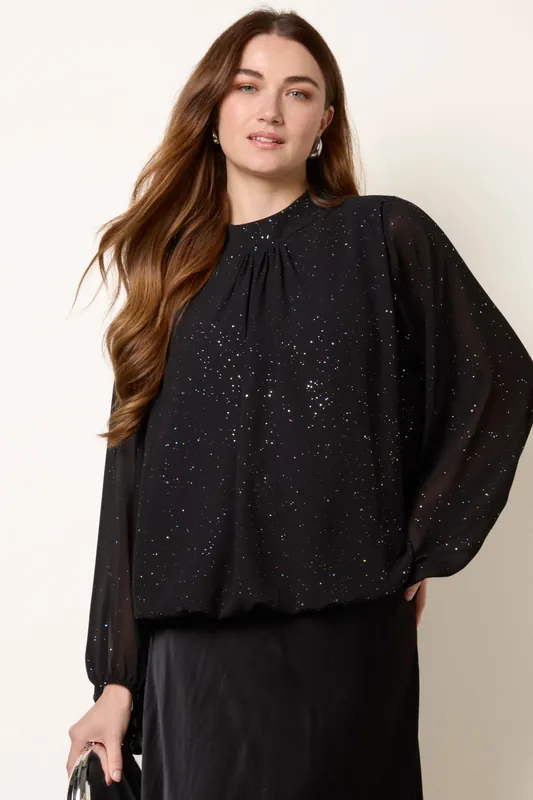 Black Metallic Sparkle Chiffon High Neck Puffball Top - Blue Vanilla