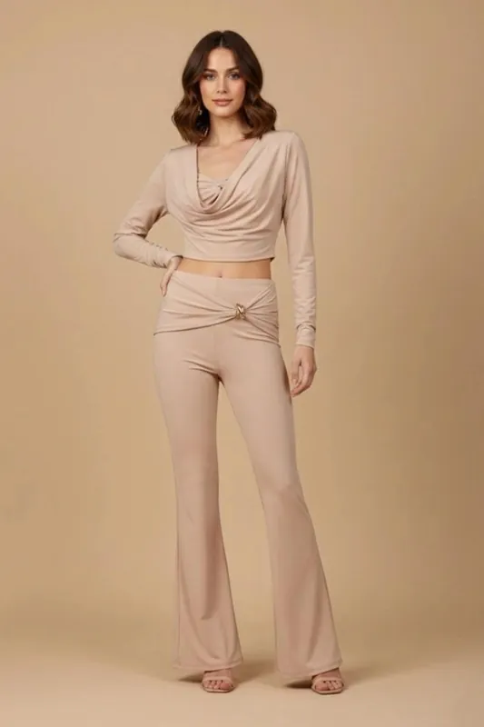 Cowl Neck Knot Detail Long Sleeve Crop Top and Flared Trouser Co-ord