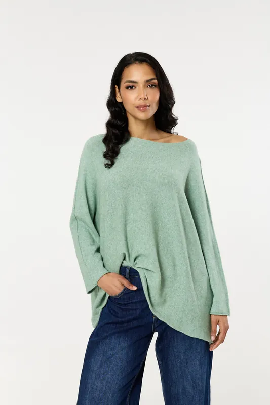 Light Green Off Shoulder Relaxed Knit Jumper - Liquorish