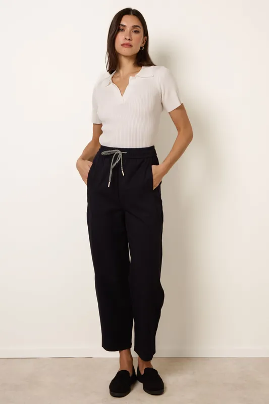 Navy Elastic Waist Drawstring Trousers - Blue Vanilla