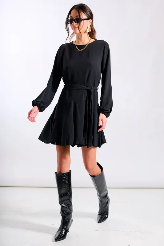 Black Crepe Belted Fit and Flare Dress - Needs No Label