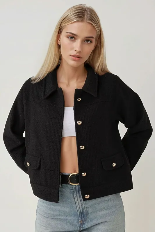 Textured Tweed Jacket with Button Closure - Hiccup