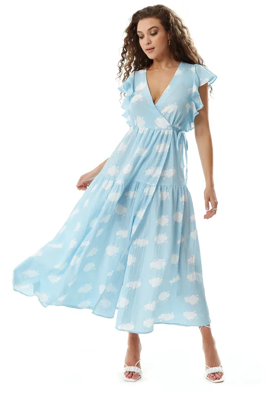 Cloud Print Midi Wrap Dress with Frill Sleeves in Blue - Liquorish