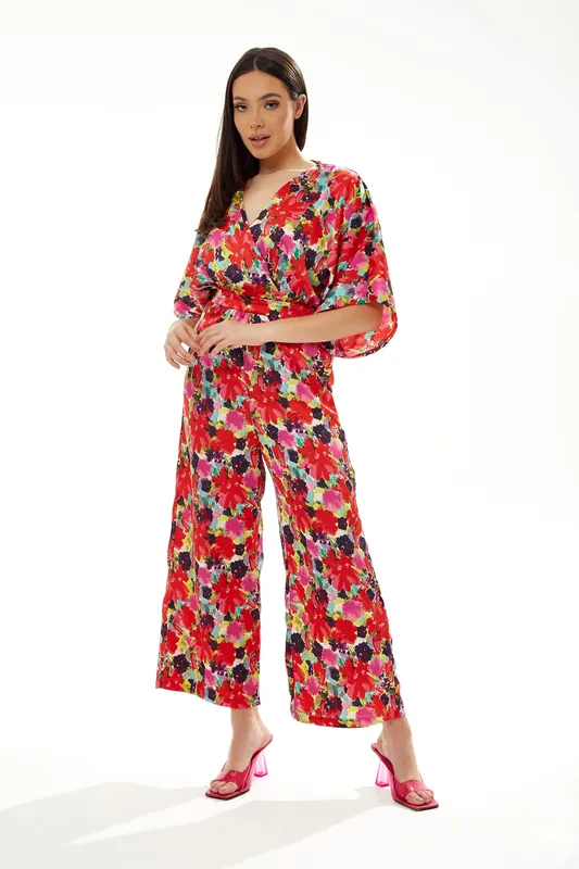 Red Floral Jumpsuit with Short Sleeves - Liquorish