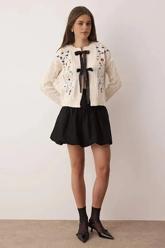 Knitted Cardigan With Ribbon Detail & Floral Embroidery - WOVCOR