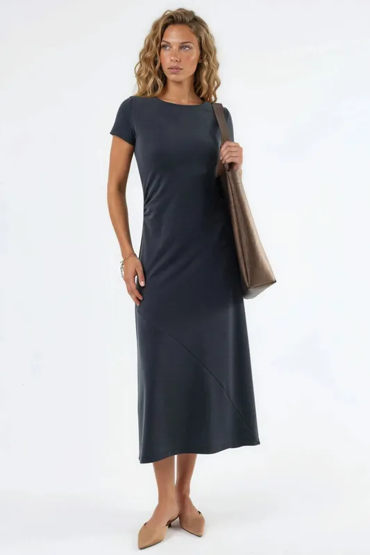 Drape Detail A-Line Midi Dress with Crew Neck
