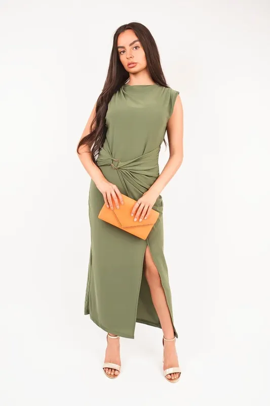 Kaida Sleeveless Drape Ring Detail Split Midi Dress - IKRUSH