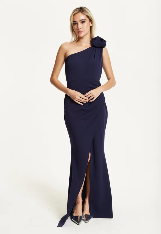 One Shoulder Navy Rose Maxi Dress - Liquorish